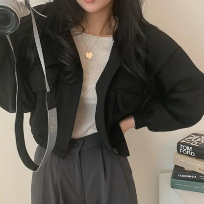 Autumn and Winter Loose Wool Coat for Women's Pocket Stand Collar Top Long Sleeve Button Hong Kong Style Wool Coat