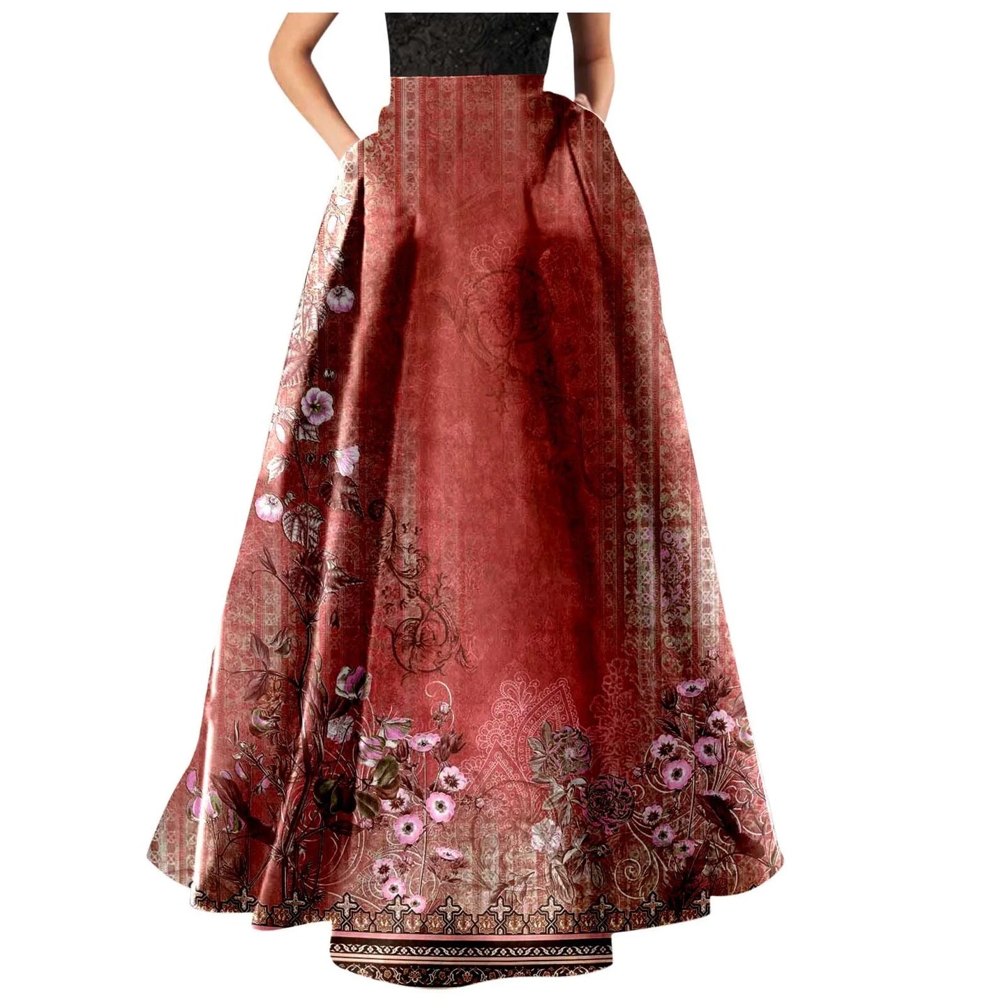 Vintage Floral Print Maxi Skirt High Waist Party Beach Long Skirts Spring Summer Casual Pocket Skirt For Women Elegant Vestidos