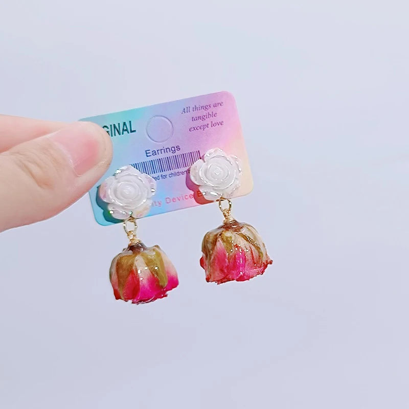 Unique Immortal Flower Earrings Elegant Natural Flower Pearl Drop Earrings Statement Jewelry Epoxy Resin Real Rose Earring 2024