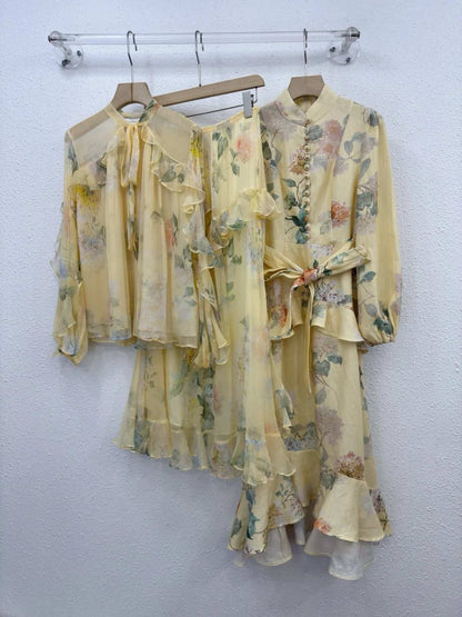 Zimm 100% Linen Long Puff Sleeve Runway Designer Lace-up Floral Printing Women Midi Dress Chic Vintage Bohemian Elegant Luxury