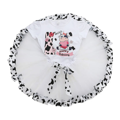 2-8Y Kids Girls Clothes Sets Girls Short Sleeved Letter Print Mesh Tutu Skirt Birthday Party Dance Performance Suits