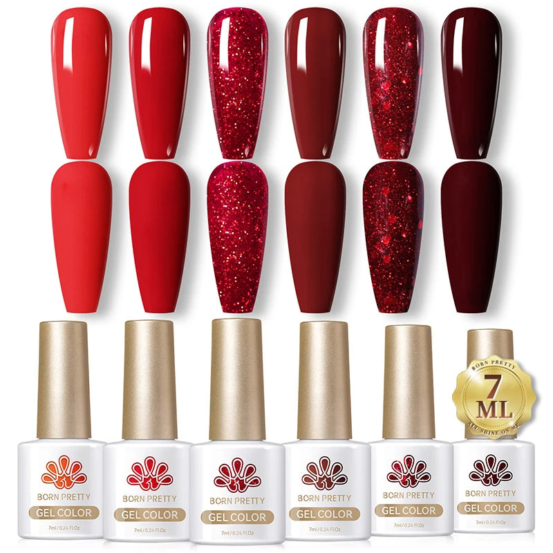 BORN PRETTY 7ml Glitter Gel Nail Polish Set Sparkly Shiny Gold Silver Pink Glitter Gel Polish Kit Winter Christmas Gift Box