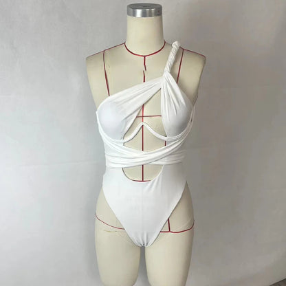 BEACHCICI Women's Bikini One Piece Sexy Solid One Shoulder Slim Tie Up Pleated Hollow Out Nipped Waist Beach Swimwear For Female