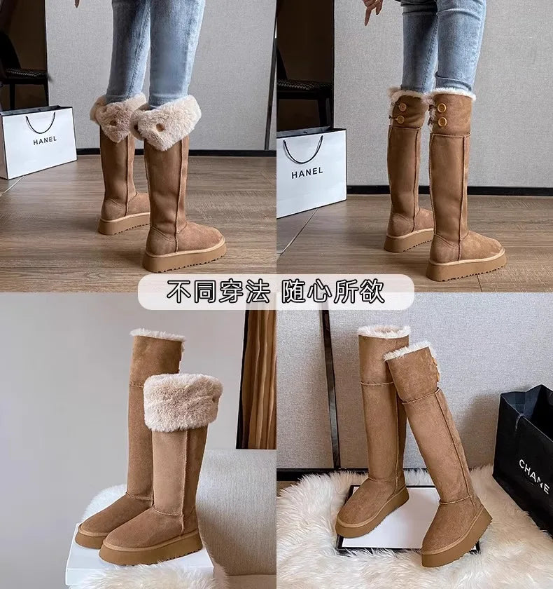 Turned-over Edge Knee-high Snow Boots Flat with Slip-on Ladies Shoes 2024 High Quality Round Toe Mid Heel Concise Women's Boots