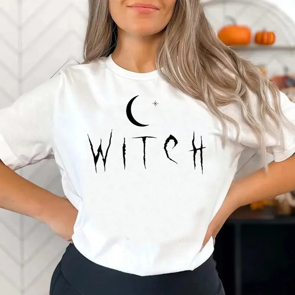 EtherealBe Halloween witch shirt women with crescent moon and star design on a white background