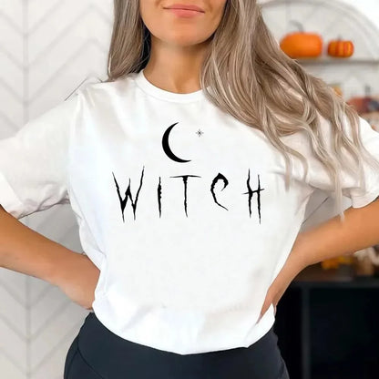 EtherealBe Halloween witch shirt women with crescent moon and star design on a white background