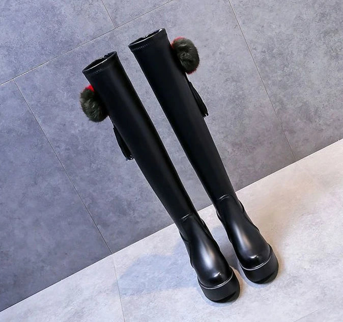 Knee Thigh High New In Women's Boots Genuine Leather Fur Long Shoes for Women Winter 2025 Wedges Chunky Platform Heeled Black