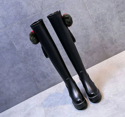 Knee Thigh High New In Women's Boots Genuine Leather Fur Long Shoes for Women Winter 2025 Wedges Chunky Platform Heeled Black