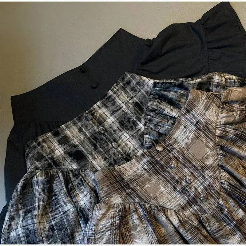 Plaid Print Shirt Ruffles Skirts Set Women Elegant Lapel Button Up Tops Loose Mini A-line Skirt Spring New Lady Chic Outfit LK9Q