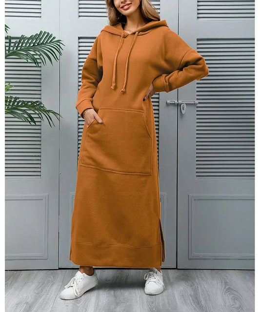 Autumn and Winter New Loose Size Knitted Hooded Long Dress Plush Casual Fashion Dress Large Pocket Skirt Women's Wear