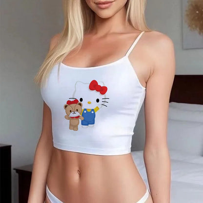 Model wearing EtherealBe Sanrio Hello Kitty cute crop top white spaghetti strap with Hello Kitty and teddy graphic