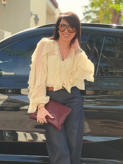 Spring Solid Ruffle Blouse Women 2025 New V Neck Single Breasted Long Sleeve Blouses Vintage Fashion Casual Shirt Tops Female