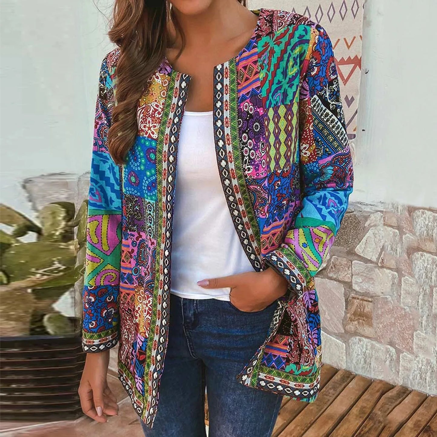 Autumn Winter Fashion Colorful Boho Floral Print Open Front Cardigan Casual Loose Long Sleeve Lightweight Jacket With Pockets