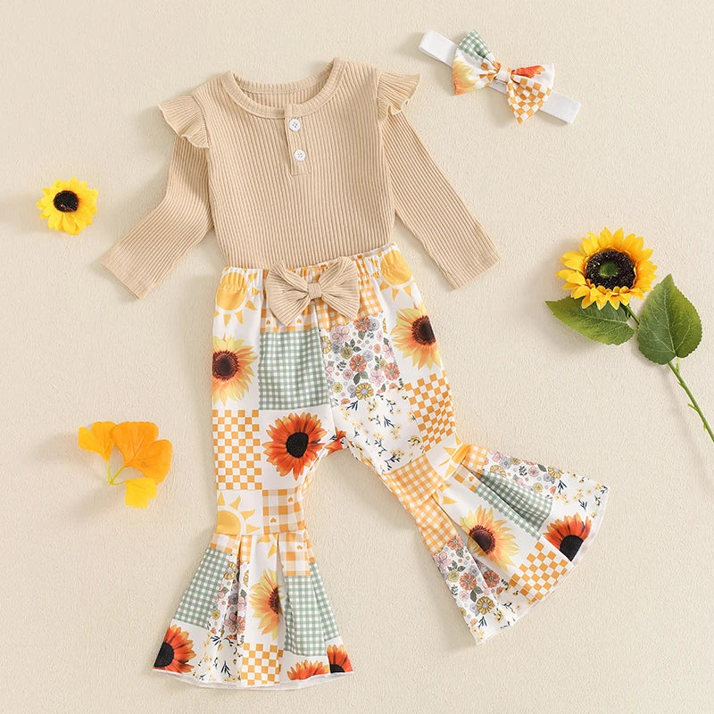 Newborn Baby Girl Clothes Rib Frill Long Sleeve Romper Daisy Flared Pants Headband Set 3pcs Fall Winter Outfits