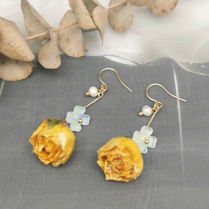 Unique Immortal Flower Earrings Elegant Natural Flower Pearl Drop Earrings Statement Jewelry Epoxy Resin Real Rose Earring 2024
