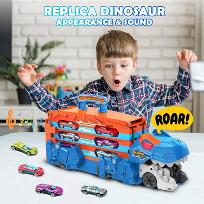 VATOS Dinosaur Transport Truck Car Toy 2 in 1 Ejection Folding Track Toys with Sound, Portable Truck Car Toy with 8 Race Cars