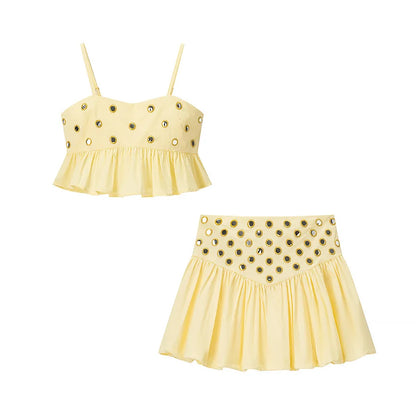 Women's Metal Hollow Pleated Suspender Skirt Two Piece Set Sexy Sleeveless Vest High Waist Mini Skirt Lady Vacation Dress Sets