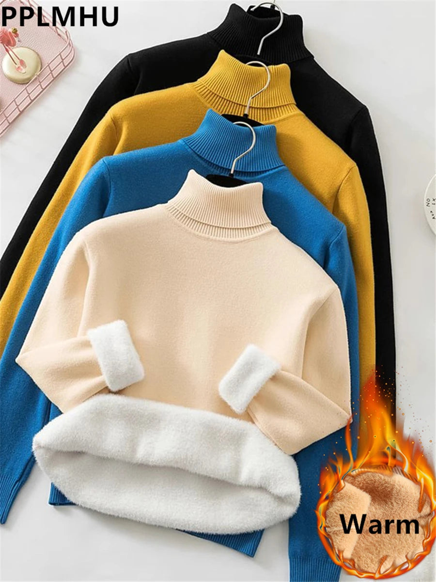 Sweater For Women Winter Thicken Turtleneck Slim Knit Pullover New Warm Plush Velvet Lined Knitwear Jumper Tops Casual Poleras