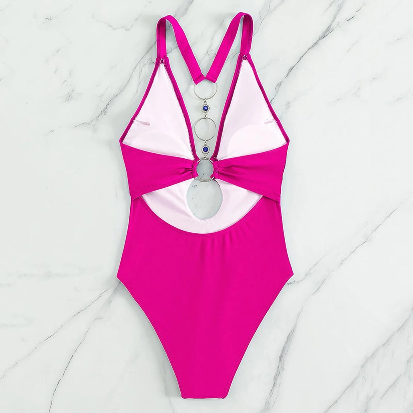 Sexy Deep-V One Piece Swimsuit Pure Color Buckle Women'S Backless Sling Cut Out Bikini High Cut Elastic Slim Beach Swimwear