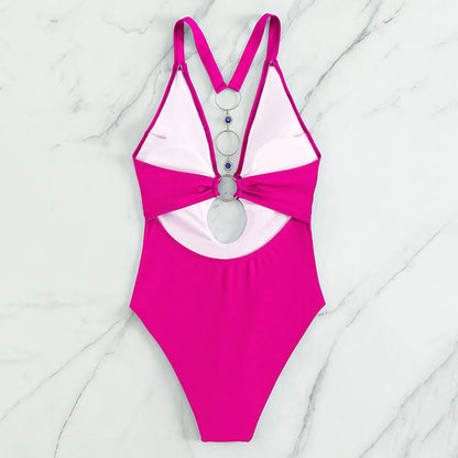 Sexy Deep-V One Piece Swimsuit Pure Color Buckle Women'S Backless Sling Cut Out Bikini High Cut Elastic Slim Beach Swimwear