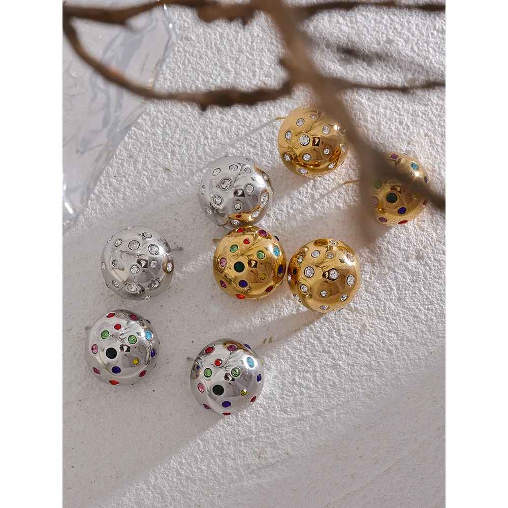 Yhpup Colorful Bling Cubic Zirconia Stainless Steel Half Round Half Empty Stud Earrings High-Grade Luxury Trendy Jewelry Gift