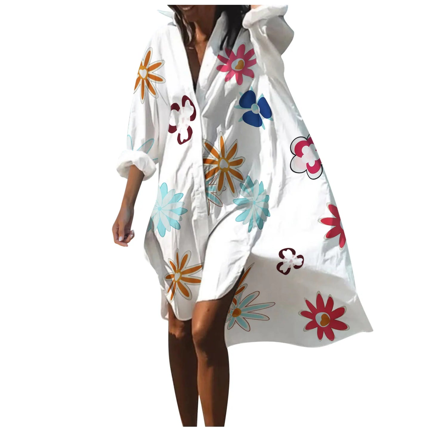 Beach Dress Bikini Cover-Up Women 2025 Bohemian Printed Beachwear Robe V-Neck Long Sleeve Swim Wear Cover Ups Loose Sundress