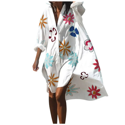 Beach Dress Bikini Cover-Up Women 2025 Bohemian Printed Beachwear Robe V-Neck Long Sleeve Swim Wear Cover Ups Loose Sundress