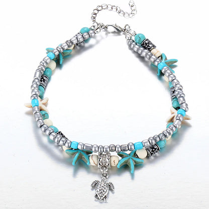 Boho Summer Beach Anklets For Women Turtle Shell Starfish Tree of Life Elephant Ankle Bracelet Multilayer Chain On Foot Jewelry