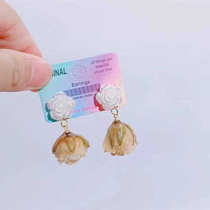 Unique Immortal Flower Earrings Elegant Natural Flower Pearl Drop Earrings Statement Jewelry Epoxy Resin Real Rose Earring 2024