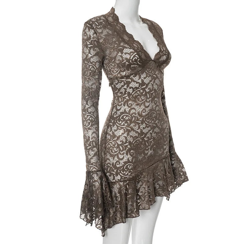 Spring  Sexy V-Neck Lace Dress with Pleated Edge See-through Short Skirt for Women European And American Cross-Border Fashion