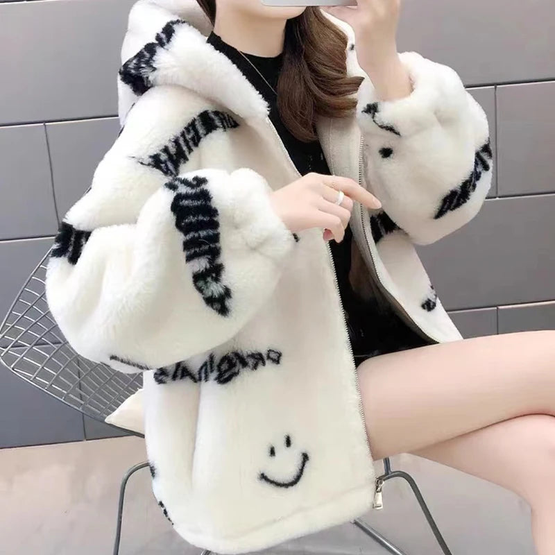 Jackets For Women 2022 Winter Cashmere Chic Printing Hooded Fashion Street Outerwear Sweet Casual College Women's jacket Coat