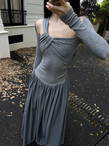 Autumn Skew Collar Halter Aura Dresses Solid Color Female Clothing Folds Stylish Irregular Basic Long Sleeve Spliced Long Dress