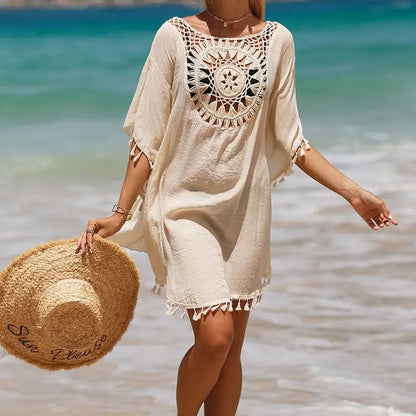 Women Casual Bohemian Holiday Outfits Beachwear Bikini Cover Up Summer Solid Color Hollow Out Beach Dress