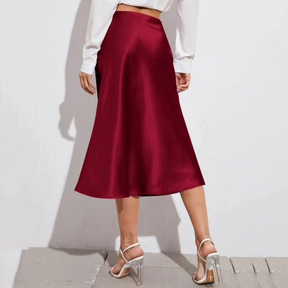 Spring Solid Satin Silk Skirt Women High Waisted Summer Long Skirt New 2024 Elegant Ladies Office A Line Midi Skirts Jupes юбка
