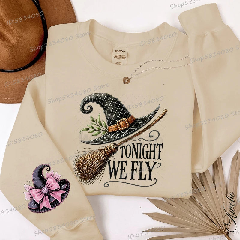 EtherealBe Halloween witch hat sweatshirt for women featuring a witch hat with a broom and the text Tonight We Fly