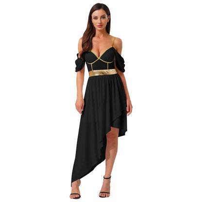 Womens Ancient Greek Costume Halloween Roman Queen Cosplay Dress Metallic Shiny Off Shoulder Sling Carnival Roleplay Dress Up