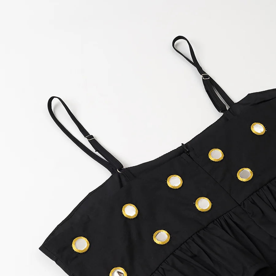 Women's Metal Hollow Pleated Suspender Skirt Two Piece Set Sexy Sleeveless Vest High Waist Mini Skirt Lady Vacation Dress Sets