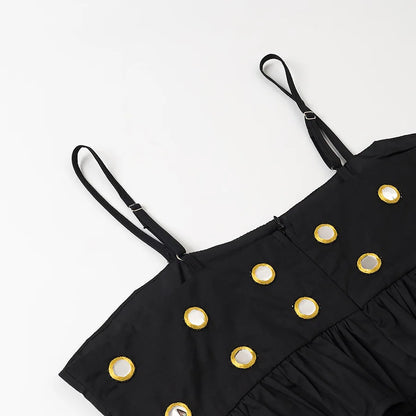 Women's Metal Hollow Pleated Suspender Skirt Two Piece Set Sexy Sleeveless Vest High Waist Mini Skirt Lady Vacation Dress Sets