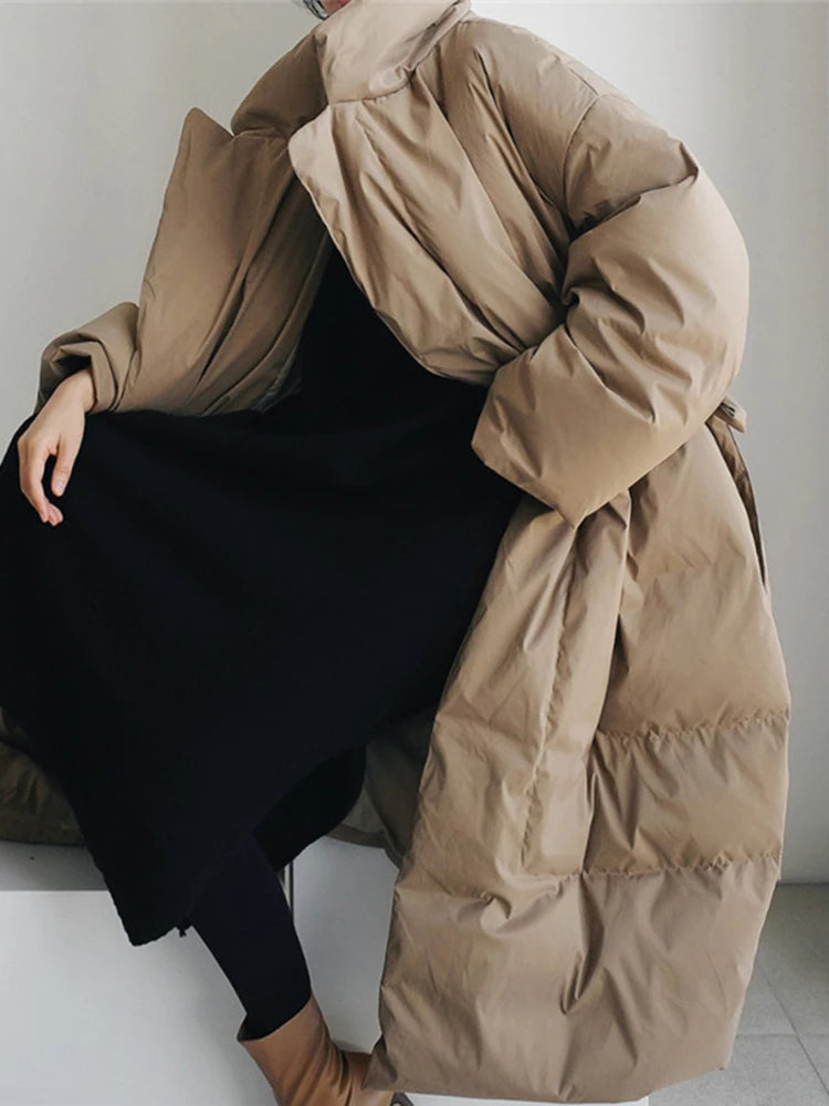 Winter New Stand Collar Long Down Jackets Loose Belt Long Sleeve Warm Coat Fashion Solid Cotton Padded Warm Down Overcoat Women