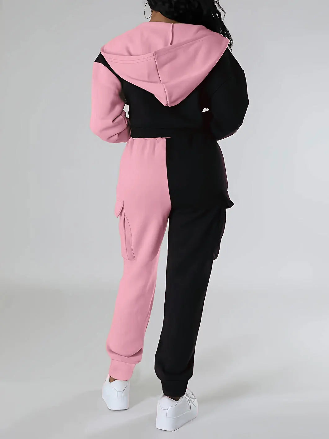 Women Loose Autumn Winter Two Pieces Suit Matching Sets Hoodie Tracksuit Blocked Zipper Short Outerwear Drawstring Cargo Pants