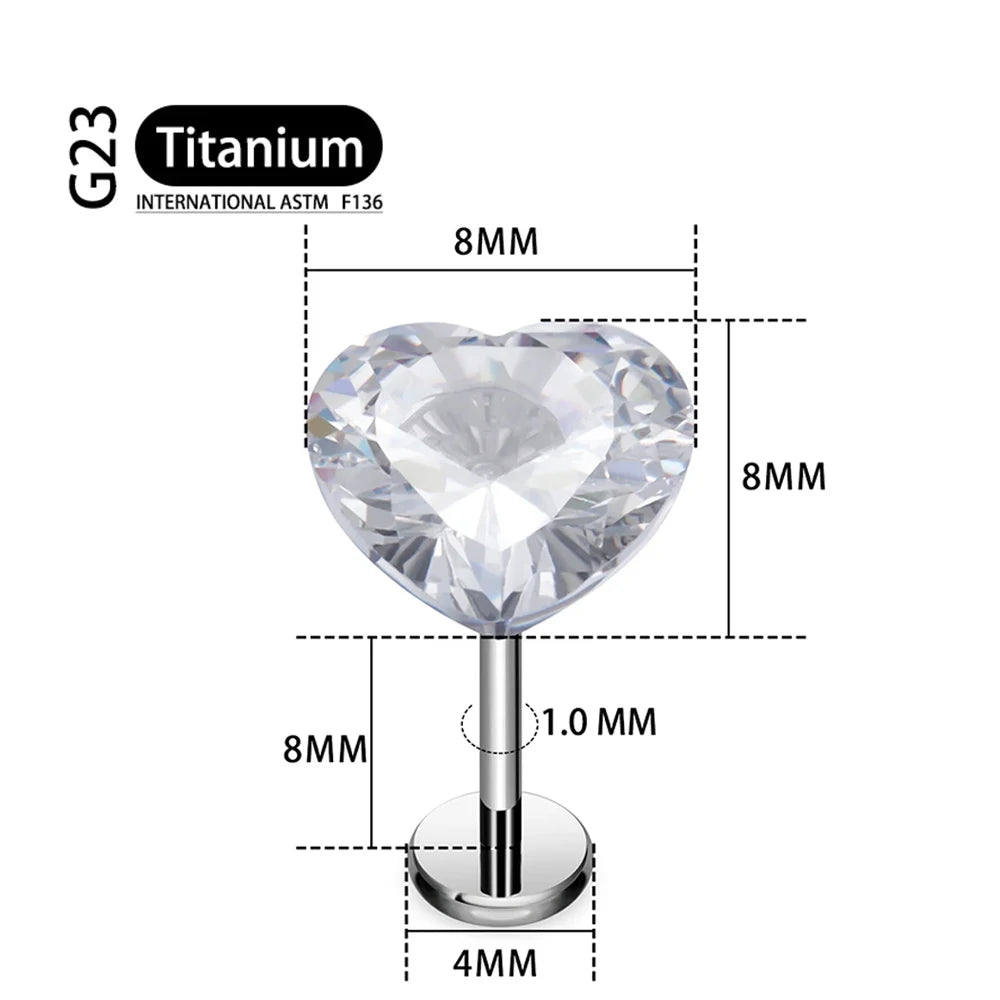 ASTM F136 Titanium 18G/16G Threadless Push Pin Labret Stud CZ Heart Cartilage Earring Helix Tragus Nose Stud Piercing