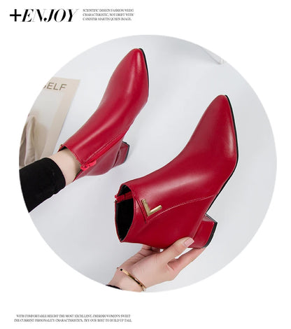 2025 New Autumn and Winter New Ankle Boots Thick Heel Pointed Toe Women Short Boots Fashion Leather Slim Boots Women Size42 Q233