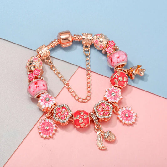 Spring Style Charms Bracelets For Women With Snake Chain Pink Daisy DIY Charms Beads Pendants Fashion Jewelry Dropshipping