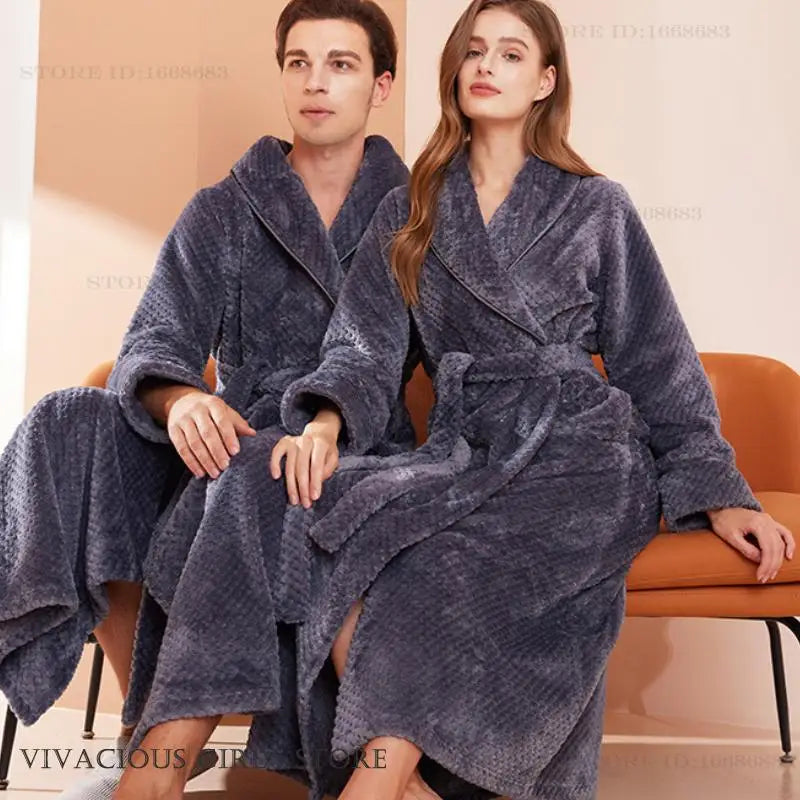 Thicken Flannel Women Long Robe Home Dress Autumn Winter Warm Couple Sleepwear Bathrobe Plush Coral Fleece Lounge Wear Negligee