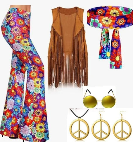 Colorful women's hippie disco costume set with floral flared pants, fringe vest, and accessories