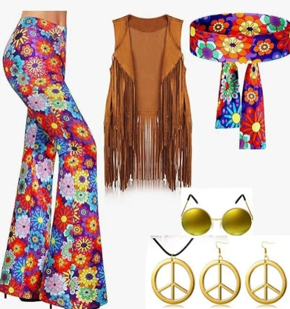 Colorful women's hippie disco costume set with floral flared pants, fringe vest, and accessories