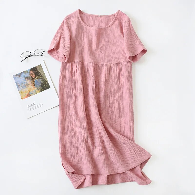 Summer Sleepwear 100% Cotton Crepe Short-sleeved Sleepshirts Plus Size Loose Nightgowns Women Night Gown Sexy Sleeping Dress