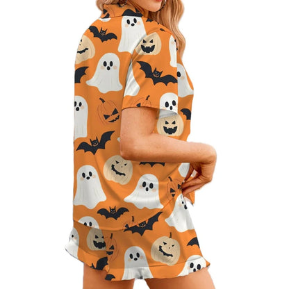 Women Halloween Pajama Set Pumpkin Short Sleeve Button-up Tops Elastic Waist Shorts 2 Piece Sleepwear Outfit