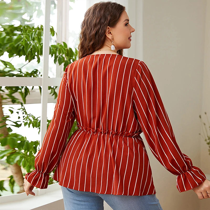 Della Mel Women Plus Size Vintage Long Sleeve Tops Striped Print Wrap V-Neck Loose Ruffles Elastic Waist Peplum Blouses 3XL 4XL