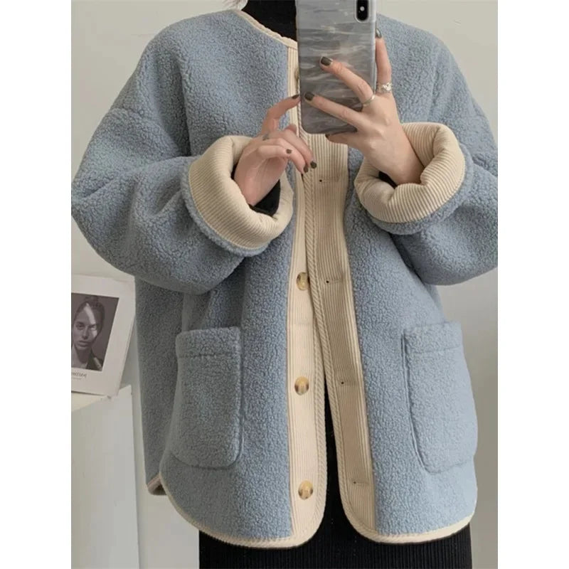 2024 Winter New Women's Lamb Wool Jacket Petite Loose-Fit Thickened Integrated Deer Skin Fleece Medium-Length Korean Style